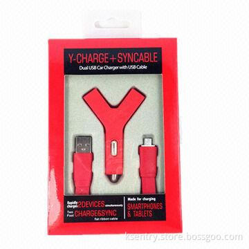 Manufacture Y Shape Dual-USB 2.1A Car Charger with Big Flat Cable and Good Package for iPhone 5/iPad